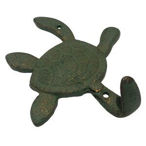Cast Iron Sea Turtle Wall Hook Rustic Green Finish Nautical Decor 6.5 Inches
